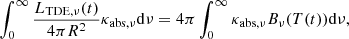 Mathematical equation: $$ \begin{aligned} \int _{0}^{\infty } \frac{L_{\mathrm{TDE},\nu }(t)}{4 \pi R^{2}}\kappa _{\mathrm{abs},\nu } \mathrm{d}\nu = 4 \pi \int _{0}^{\infty }\kappa _{\mathrm{abs},\nu } B_{\nu }(T(t))\mathrm{d}\nu , \end{aligned} $$