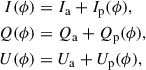 Mathematical equation: $$ \begin{aligned} I(\phi )&= I_{\mathrm{a} } + I_{\mathrm{p} }(\phi ), \nonumber \\ Q(\phi )&= Q_{\mathrm{a} } + Q_{\mathrm{p} }(\phi ), \\ U(\phi )&= U_{\mathrm{a} } + U_{\mathrm{p} }(\phi ), \nonumber \end{aligned} $$
