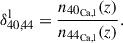 Mathematical equation: $$ \begin{aligned} \delta _{40,44}^\mathrm{l}=\frac{n_{40_{\rm Ca,l}} (z)}{n_{44_{\rm Ca,l}}(z)}. \end{aligned} $$
