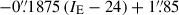 Mathematical equation: $ -0{{\overset{\prime\prime}{.}}}1875\,(I_{\mathrm{E}}-24)+1{{\overset{\prime\prime}{.}}}85 $