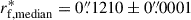 Mathematical equation: $ r_{\mathrm{f,median}}^*=0{{\overset{\prime\prime}{.}}}1210\pm 0{{\overset{\prime\prime}{.}}}0001 $