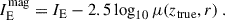 Mathematical equation: $$ \begin{aligned} I_{\rm E}^\mathrm{mag}&= I_{\rm E} - 2.5\log _{10}\mu (z_\mathrm{true} ,r)\;. \end{aligned} $$