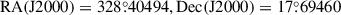 Mathematical equation: $ \mathrm{RA(J2000)}={328{{\overset{\circ}{.}}}40494}, \mathrm{Dec(J2000)}={17{{\overset{\circ}{.}}}69460} $