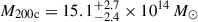 Mathematical equation: $ M_{\mathrm{200c}}=15.1^{+2.7}_{-2.4} \times 10^{14}\,M_\odot $