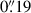 Mathematical equation: $ 0{{\overset{\prime\prime}{.}}}19 $