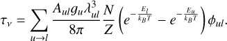 Mathematical equation: ${\tau _v} = \mathop \sum \limits_{u \to l} {{{A_{ul}}{g_u}\lambda _{ul}^3} \over {8\pi }}{N \over Z}\left( {{e^{ - {{{E_l}} \over {{k_B}T}}}} - {e^{ - {{{E_u}} \over {{k_B}T}}}}} \right){\phi _{ul}}$