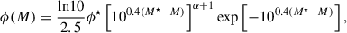 Mathematical equation: $$ \begin{aligned} \phi (M) = \frac{\mathrm{ln}10}{2.5} \phi ^\star \left[10^{0.4(M^\star - M)}\right]^{\alpha +1} \mathrm{exp} \left[-10^{0.4(M^\star - M)}\right], \end{aligned} $$