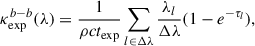 Mathematical equation: $$ \begin{aligned} \kappa _{\mathrm{exp}}^{b-b}(\lambda ) = \frac{1}{\rho c t_{\mathrm{exp}}}\sum _{l\in \Delta \lambda }\frac{\lambda _l}{\Delta \lambda }(1-e^{-\tau _l}), \end{aligned} $$