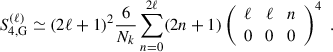 Mathematical equation: $$ \begin{aligned} S_{4, \mathrm {G}}^{(\ell )} \simeq (2\ell +1)^2 \frac{6}{N_k} \sum _{n = 0}^{2\ell } (2n+1) \left( \begin{array}{ccc} \ell \!&\!\ell \!&\!n \\ 0 \!&\! 0 \!&\! 0 \end{array} \right)^4\;. \end{aligned} $$
