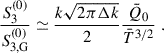 Mathematical equation: $$ \begin{aligned} \frac{S^{(0)}_{3}}{S^{(0)}_{3,\mathrm{G}}}\simeq \frac{k\sqrt{2\pi \Delta {k}}}{2}\frac{\bar{Q}_0}{\bar{T}^{3/2}}\;. \end{aligned} $$