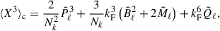 Mathematical equation: $$ \begin{aligned} \langle X^3\rangle _{\rm c} = \frac{2}{N_k^2} \bar{P}_\ell ^3 + \frac{3}{N_k} k_{\rm F}^3 \left( \bar{B}_\ell ^2 + 2\bar{M}_\ell \right) + k_{\rm F}^6 \bar{Q}_\ell , \end{aligned} $$