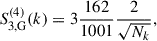 Mathematical equation: $$ \begin{aligned} S_{3, \mathrm {G}}^{(4)}(k)&= 3\frac{162}{1001}\frac{2}{\sqrt{N_k}}, \end{aligned} $$