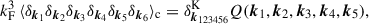 Mathematical equation: $$ \begin{aligned} k_{\rm F}^3\, \langle \delta _{\boldsymbol{k}_1}\delta _{\boldsymbol{k}_2}\delta _{\boldsymbol{k}_3}\delta _{\boldsymbol{k}_4}\delta _{\boldsymbol{k}_5}\delta _{\boldsymbol{k}_6}\rangle _{\rm c}&= \delta _{\boldsymbol{k}_{123456}}^\mathrm{K} Q(\boldsymbol{k}_1, \boldsymbol{k}_2, \boldsymbol{k}_3,\boldsymbol{k}_4, \boldsymbol{k}_5) , \end{aligned} $$