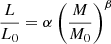 Mathematical equation: $$ \begin{aligned} \frac{L}{L_0} = \alpha \left(\frac{M}{M_0}\right)^\beta \end{aligned} $$