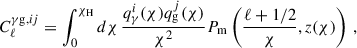 Mathematical equation: $$ \begin{aligned} C_{\ell }^{\gamma \mathrm{g},ij}&= \int _0^{\chi _{\rm H}} d\chi \,\frac{q^i_{\gamma }(\chi )q^j_{\rm g}(\chi )}{\chi ^2}P_{\rm m}\left(\frac{\ell +1/2}{\chi },z(\chi )\right)\,, \end{aligned} $$