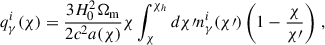 Mathematical equation: $$ \begin{aligned} q^i_{\gamma }(\chi )&= \frac{3 H_0^2\Omega _{\mathrm{m}}}{2c^2 a(\chi )}\chi \int _\chi ^{\chi _h} d\chi \prime n^i_{\gamma } (\chi \prime )\left(1-\frac{\chi }{\chi \prime } \right)\,, \end{aligned} $$