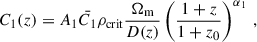 Mathematical equation: $$ \begin{aligned} C_1(z)&= A_1\bar{C_1}\rho _{\rm crit} \frac{\Omega _{\mathrm{m}}}{D(z)}\left(\frac{1+z}{1+z_0}\right)^{\alpha _1}\,, \end{aligned} $$