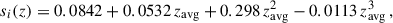 Mathematical equation: $$ \begin{aligned} s_i(z) = 0.0842 + 0.0532\, z_{\mathrm{avg}} + 0.298\,z^2_{\rm avg} -0.0113\,z^3_{\rm avg}\,, \end{aligned} $$