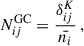 Mathematical equation: $$ \begin{aligned} N^\mathrm{GC}_{ij}&= \frac{\delta ^K_{ij}}{\bar{n_i}}\,, \end{aligned} $$