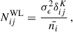 Mathematical equation: $$ \begin{aligned} N^\mathrm{WL}_{ij}&= \frac{\sigma ^2_\epsilon \delta ^K_{ij}}{\bar{n_i}}\,, \end{aligned} $$