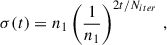 Mathematical equation: $$ \begin{aligned} \sigma (t) = n_1 \left(\frac{1}{n_1}\right)^{2t/N_{iter}}\,, \end{aligned} $$