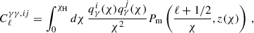 Mathematical equation: $$ \begin{aligned} C_{\ell }^{\gamma \gamma , ij}&= \int _0^{\chi _{\rm H}} d\chi \,\frac{q^i_{\gamma }(\chi )q^j_{\gamma }(\chi )}{\chi ^2}P_{\rm m}\left(\frac{\ell +1/2}{\chi },z(\chi )\right)\,, \end{aligned} $$