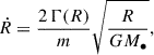 Mathematical equation: $$ \begin{aligned} \dot{R} = \frac{2\,\Gamma (R)}{m} \sqrt{\frac{R}{GM_\bullet }}, \end{aligned} $$