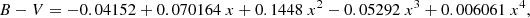 Mathematical equation: $$ \begin{aligned} B-V = -0.04152 + 0.070164\ x + 0.1448\ x^{2} - 0.05292\ x^{3} + 0.006061\ x^{4}, \end{aligned} $$
