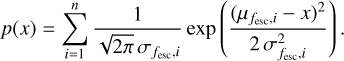 Mathematical equation: $p(x) = \mathop \sum \limits_{i = 1}^n {1 \over {\sqrt {2\pi } {\sigma _{{f_{ex}},i}}}}\exp \left( {{{{{\left( {{\mu _{{f_{exc}},i}} - x} \right)}^2}} \over {2\sigma _{{f_{ecc}},i}^2}}} \right).$