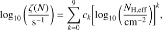 Mathematical equation: $\log _{10}\left(\frac{\zeta(N)}{\mathrm{s}^{-1}}\right)=\sum_{k=0}^{9} c_{k}\left[\log _{10}\left(\frac{N_{\mathrm{H}, \mathrm{eff}}}{\mathrm{~cm}^{-2}}\right)\right]^{k},$