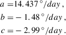 Mathematical equation: $$ \begin{aligned} \begin{split} a =&14.437\,^\circ /day \,, \\ b =&-1.48\,^\circ /day \,, \\ c =&-2.99\,^\circ /day \,. \end{split} \end{aligned} $$