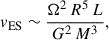 Mathematical equation: $$ \begin{aligned} v_{\rm {ES}} \sim \frac{\Omega ^{2}\,R^{5}\,L}{G^{2}\,M^{3}}, \end{aligned} $$
