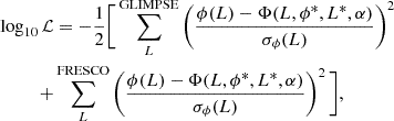 Mathematical equation: $$ \begin{aligned} \log _{10}\mathcal{L}&= -\frac{1}{2} \Bigg [\sum _{L}^\mathrm{GLIMPSE} \left(\frac{\phi (L) - \Phi (L,\phi ^*, L^*, \alpha )}{\sigma _\phi (L)}\right)^2 \nonumber \\ +&\sum _{L}^\mathrm{FRESCO} \left(\frac{\phi (L) - \Phi (L,\phi ^*, L^*, \alpha )}{\sigma _\phi (L)}\right)^2 \Bigg ], \end{aligned} $$