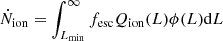 Mathematical equation: $$ \begin{aligned} \dot{N}_{\rm ion}&= \int _{L_{\rm min}}^\infty f_{\rm esc} Q_{\rm ion}(L)\phi (L) \mathrm{d}L\end{aligned} $$