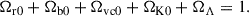 Mathematical equation: $$ \begin{aligned} \Omega _{\mathrm{r0} } + \Omega _{\mathrm{b0} } + \Omega _{\mathrm{vc} 0} + \Omega _{\mathrm{K0} } + \Omega _{\Lambda } = 1. \end{aligned} $$