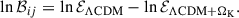 Mathematical equation: $$ \begin{aligned}&\ln \mathcal{B} _{ij} = \ln \mathcal{E} _{\Lambda \mathrm{CDM}} - \ln \mathcal{E} _{\Lambda \mathrm{CDM} + \Omega _{\mathrm{K} }}. \end{aligned} $$