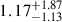Mathematical equation: $ 1.17^{+1.87}_{-1.13} $