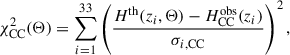 Mathematical equation: $$ \begin{aligned} \chi _{\mathrm{CC} }^2 (\Theta ) = \sum _{i=1}^{33} \left(\frac{H^{\mathrm{th} }(z_i, \Theta ) - H^{\mathrm{obs} }_{\mathrm{CC} }(z_i)}{\sigma _{i,\mathrm{CC}}}\right)^2, \end{aligned} $$