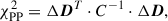 Mathematical equation: $$ \begin{aligned} \chi ^2_{\mathrm{PP} } = \Delta \boldsymbol{D}^T \cdot C^{-1} \cdot \Delta \boldsymbol{D}, \end{aligned} $$