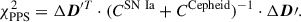 Mathematical equation: $$ \begin{aligned} \chi ^2_{\mathrm{PPS} } = \Delta \boldsymbol{D}^{\prime T} \cdot (C^{\mathrm{SN\ Ia} } + C^{\mathrm{Cepheid} })^{-1} \cdot \Delta \boldsymbol{D}\prime . \end{aligned} $$