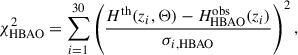Mathematical equation: $$ \begin{aligned} \chi _{\mathrm{HBAO} }^2 = \sum _{i=1}^{30} \left(\frac{H^{\mathrm{th} }(z_i, \Theta ) - H^{\mathrm{obs} }_{\mathrm{HBAO} }(z_i)}{\sigma _{i, \mathrm{HBAO}}}\right)^2, \end{aligned} $$