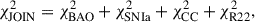 Mathematical equation: $$ \begin{aligned} \chi ^2_{\mathrm{JOIN} } = \chi _{\rm BAO}^2 + \chi _{\mathrm{SNIa} }^2 + \chi _{\mathrm{CC} }^2 + \chi _{\mathrm{R22} }^2, \end{aligned} $$