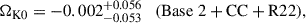 Mathematical equation: $$ \begin{aligned} \Omega _{\mathrm{K0} } = -0.002^{+0.056}_{-0.053} \quad (\mathrm{Base\ 2 + CC + R22} ), \end{aligned} $$