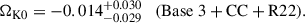 Mathematical equation: $$ \begin{aligned} \Omega _{\mathrm{K0} }&= -0.014^{+0.030}_{-0.029} \quad (\mathrm{Base\ 3 + CC + R22} ). \end{aligned} $$
