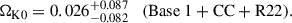 Mathematical equation: $$ \begin{aligned} \Omega _{\mathrm{K0} } = 0.026^{+0.087}_{-0.082} \quad (\mathrm{Base\ 1 + CC + R22} ). \end{aligned} $$