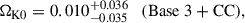 Mathematical equation: $$ \begin{aligned} \Omega _{\mathrm{K0} }&= 0.010^{+0.036}_{-0.035} \quad (\mathrm{Base\ 3 + CC} ),\end{aligned} $$
