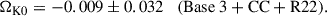 Mathematical equation: $$ \begin{aligned} \Omega _{\mathrm{K0} }&= -0.009 \pm 0.032 \quad (\mathrm{Base\ 3 + CC + R22} ). \end{aligned} $$