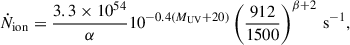 Mathematical equation: $$ \begin{aligned} \dot{N}_{\mathrm{ion} } = \frac{3.3 \times 10^{54}}{\alpha } 10^{-0.4 (M_{\mathrm{UV} }+20)} \left( \frac{912}{1500} \right)^{\beta +2}\,\mathrm{s}^{-1}, \end{aligned} $$