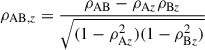 Mathematical equation: $ \rho_{\mathrm{AB,}z}=\frac{\rho_{\mathrm{AB}}-\rho_{\mathrm{A}z}\rho_{\mathrm{B}z}}{\sqrt{(1-\rho^2_{\mathrm{A}z})(1-\rho^2_{\mathrm{B}z})}} $