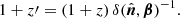 Mathematical equation: $$ \begin{aligned} 1+z\prime = (1+z) \, \delta (\hat{\boldsymbol{n}}, \boldsymbol{\beta })^{-1}. \end{aligned} $$